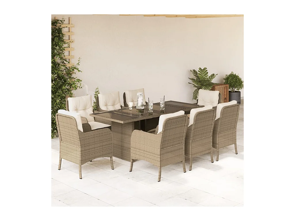 Ensemble à manger de jardin et coussins 9 pièces beige Poly rotin
