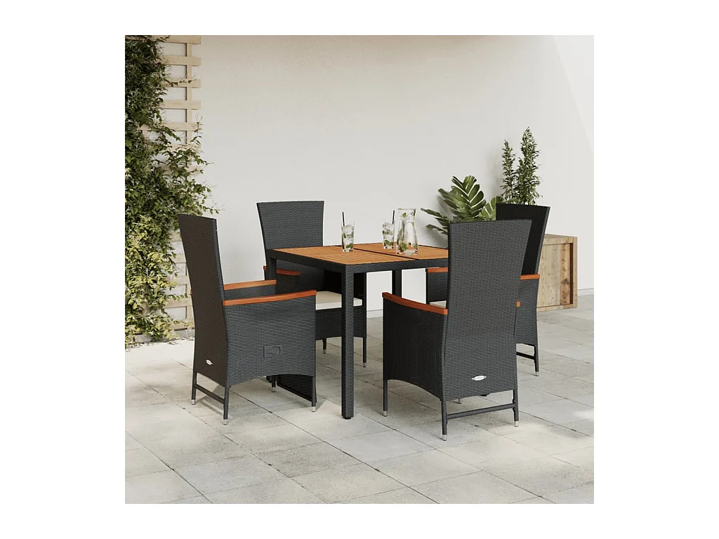 Ensemble à manger de jardin coussins 5 pièces Noir Résine tressée