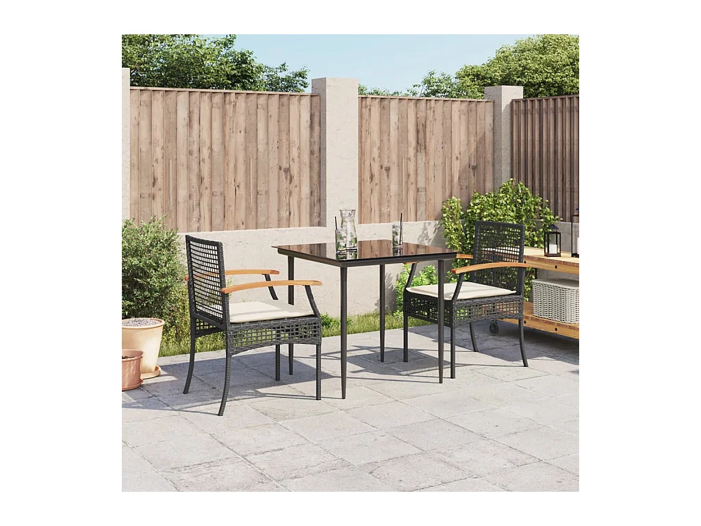 3 peças conjunto de jantar p/ jardim c/ almofadões vime PE preto