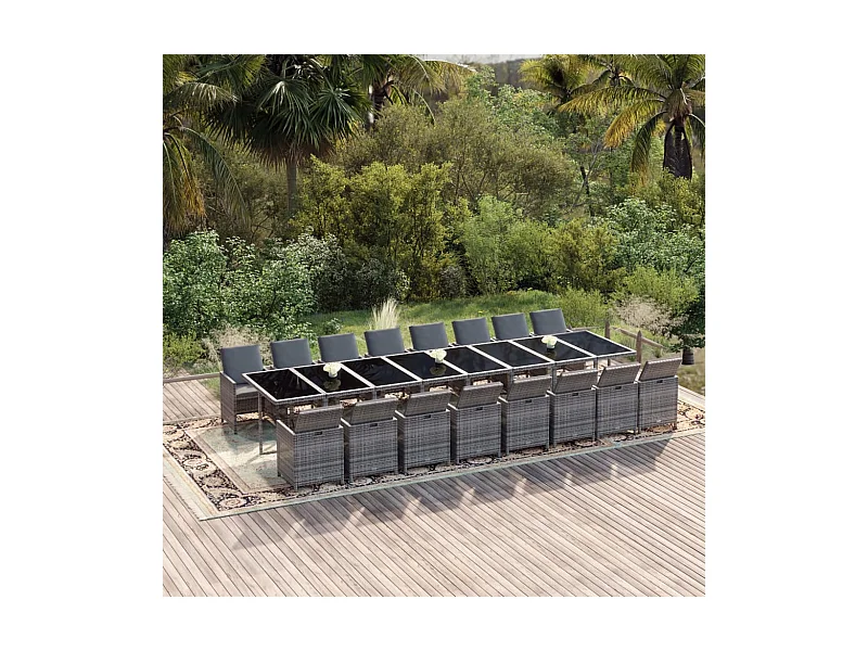 Ensemble à dîner de jardin coussins 17 pièces Gris Résine tressée