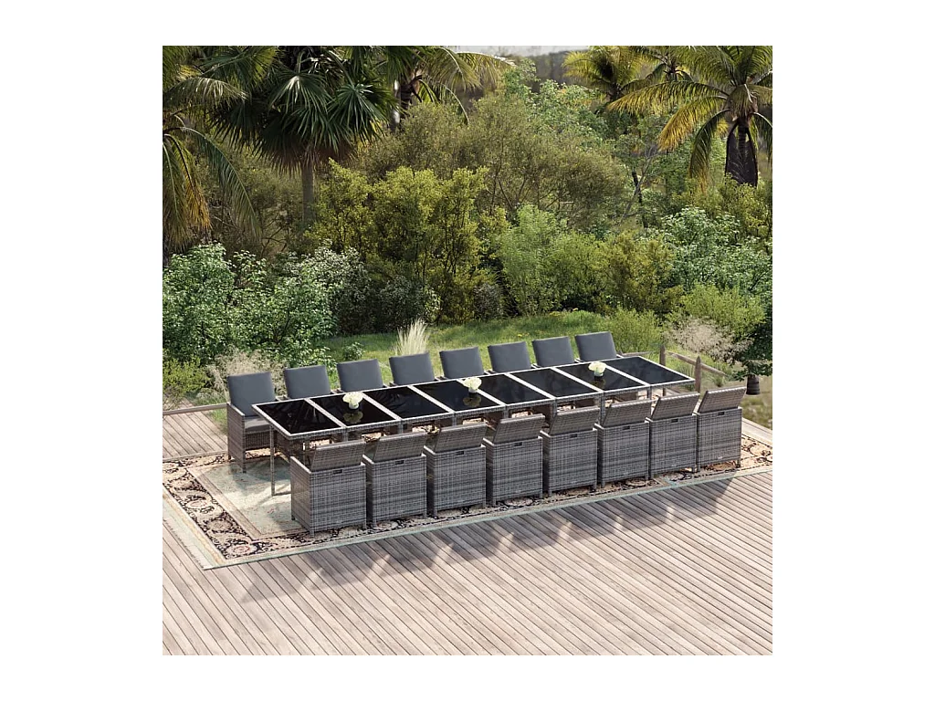 Set de comedor jardín 17 piezas con cojines ratán sintético gris