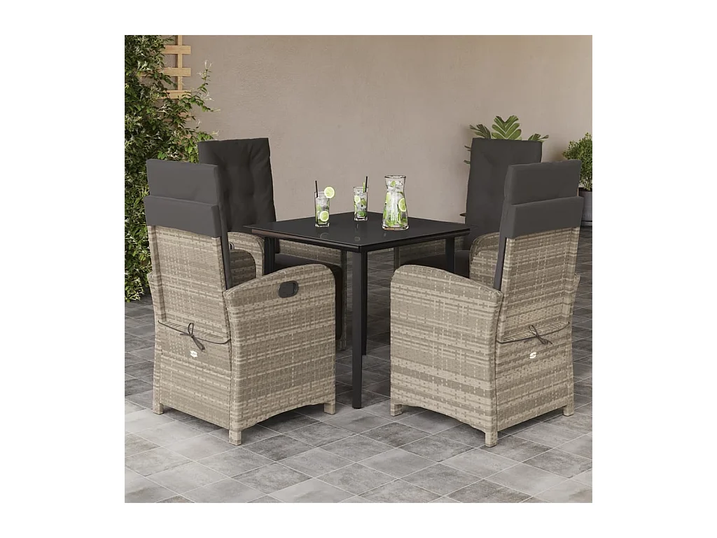 Ensemble à manger de jardin et coussins 5 pièces gris clair rotin