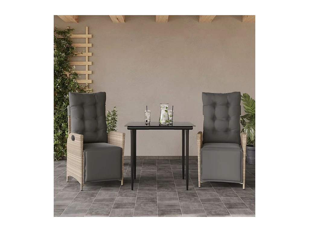 Ensemble à manger de jardin 3 pièces coussins gris clair poly rotin