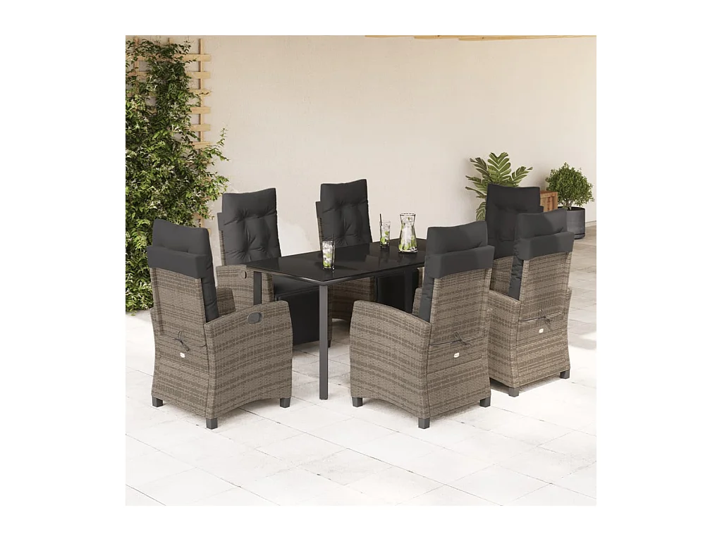 Set comedor jardín 7 piezas y cojines ratán sintético gris