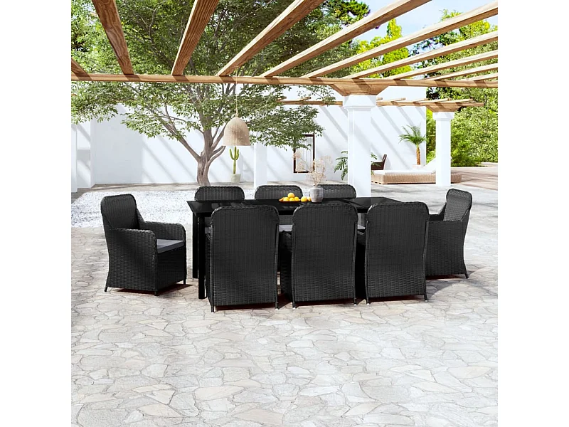 9 peças conjunto de jantar para jardim c/ almofadões preto