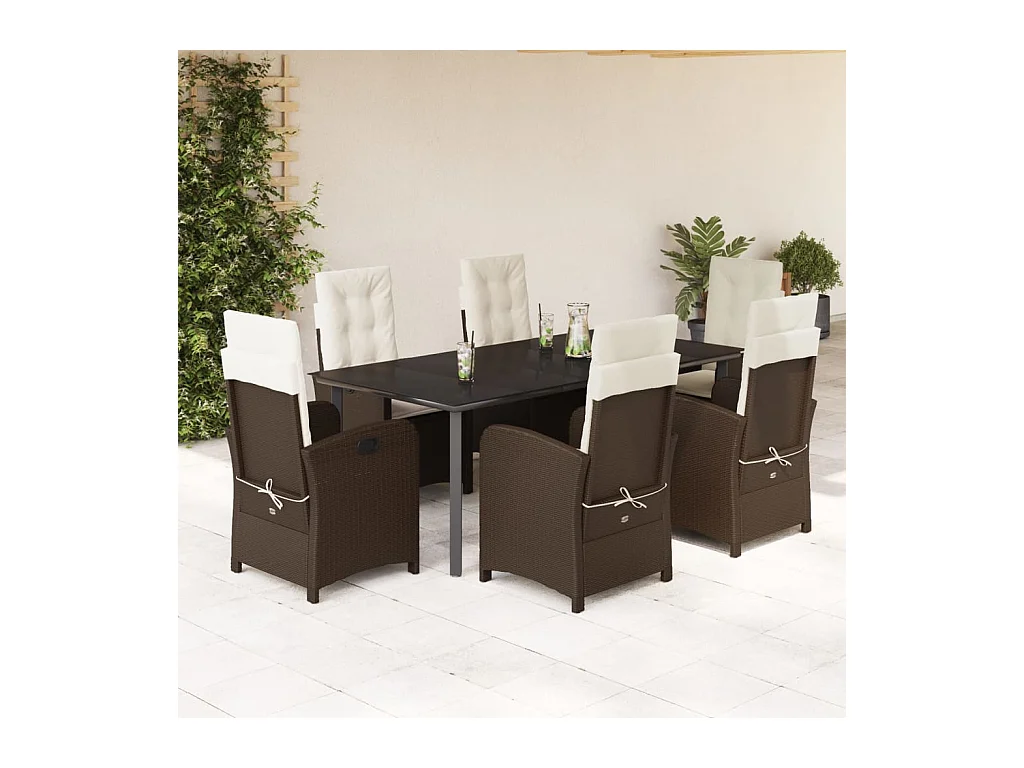 Ensemble à manger de jardin et coussins 7 pièces marron rotin