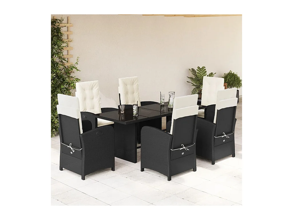 Ensemble à manger de jardin coussins 7 pièces Noir Résine tressée