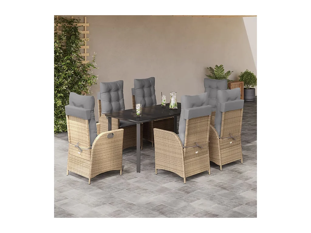 7 peças conjunto de jantar p/ jardim com almofadões vime PE bege