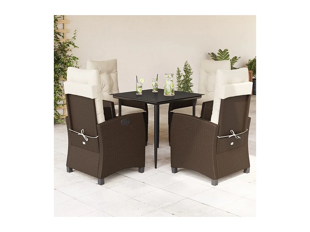 Ensemble à manger de jardin 5 pièces et coussins marron poly rotin