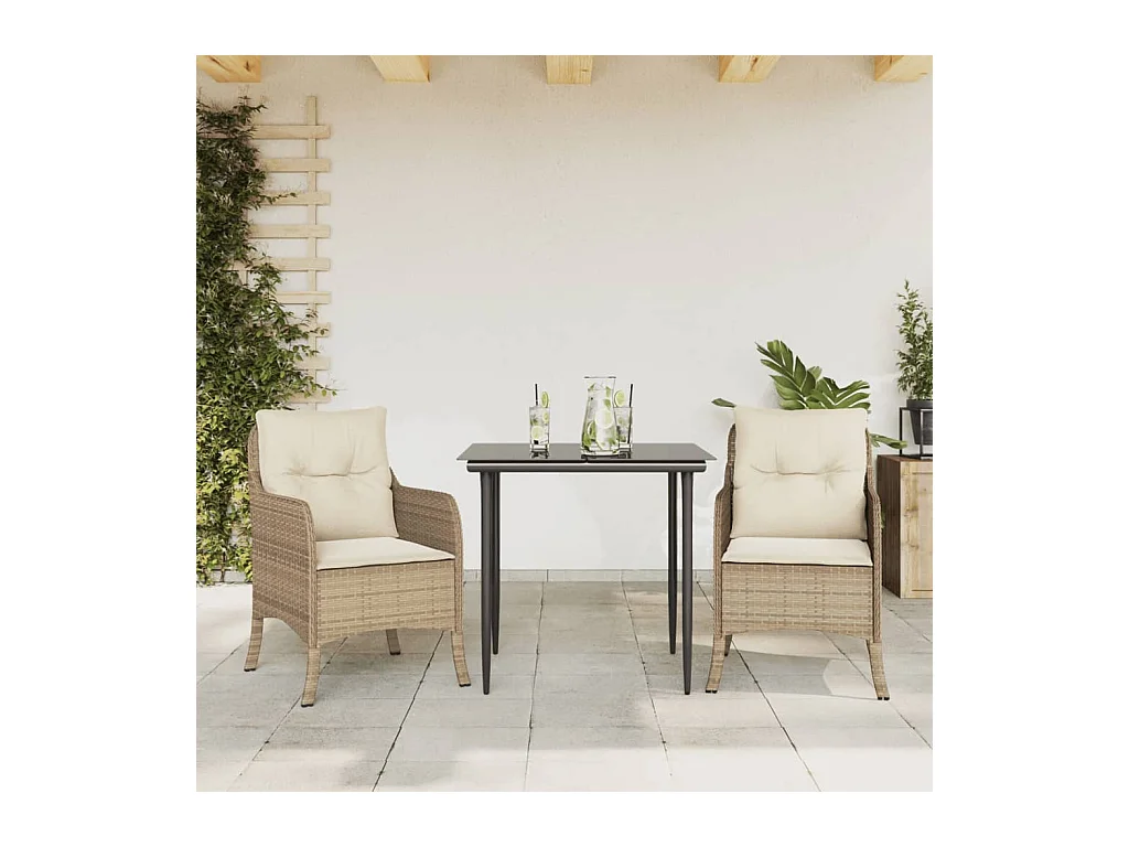 Ensemble à manger de jardin et coussins 3 pièces Beige poly rotin