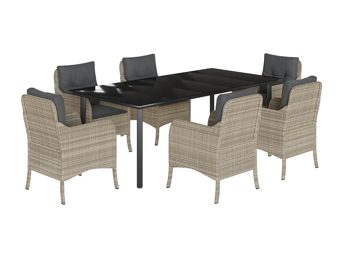 Ensemble à manger de jardin et coussins 7 pièces gris clair rotin