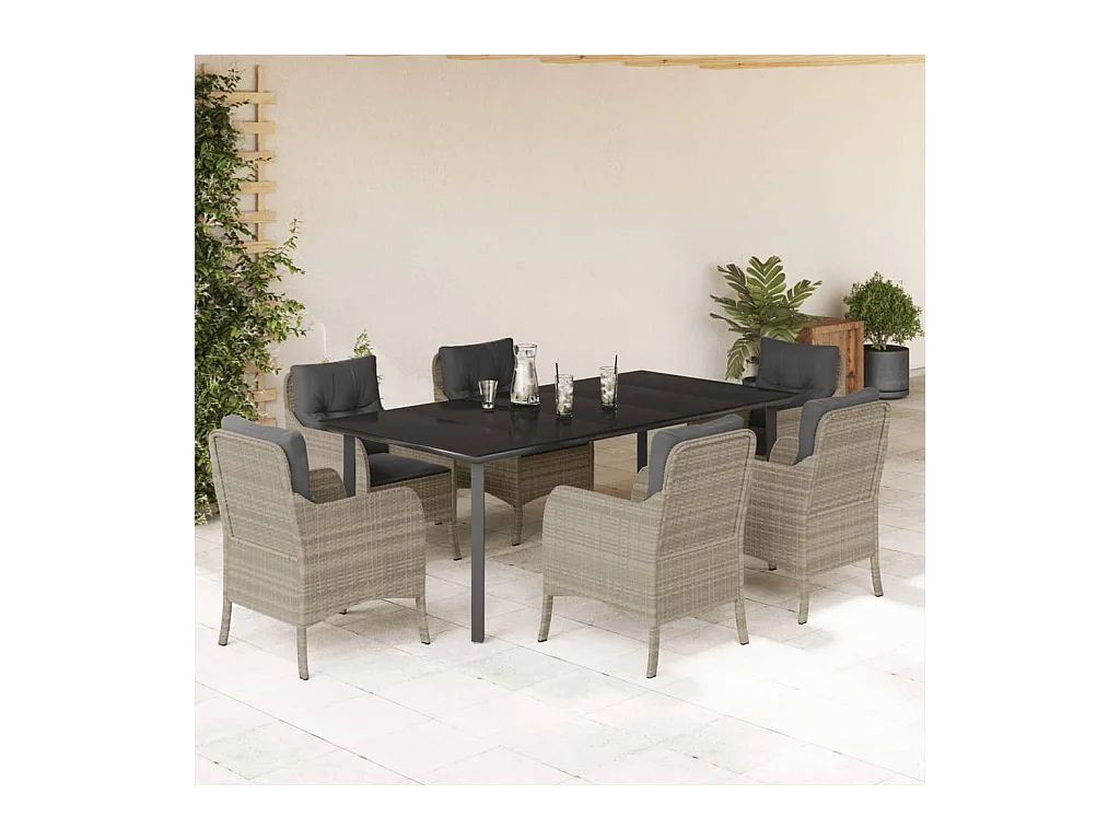Ensemble à manger de jardin et coussins 7 pièces gris clair rotin