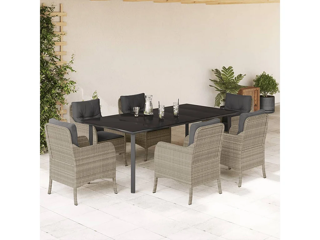 Ensemble à manger de jardin et coussins 7 pièces gris clair rotin