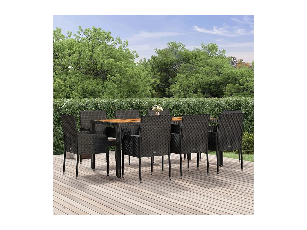 Mobilier à dîner de jardin 9 pièces et coussins noir résine tressée
