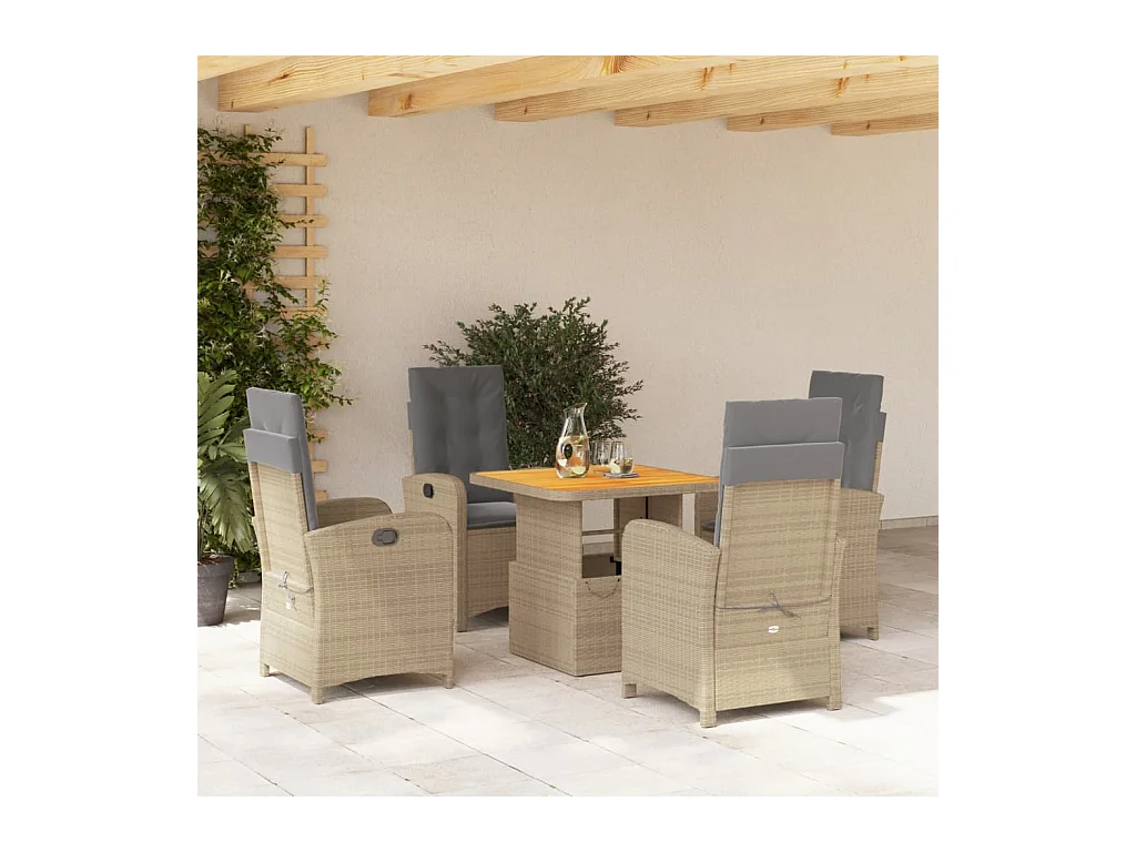 Ensemble à manger de jardin avec coussins 5 pièces Beige poly rotin