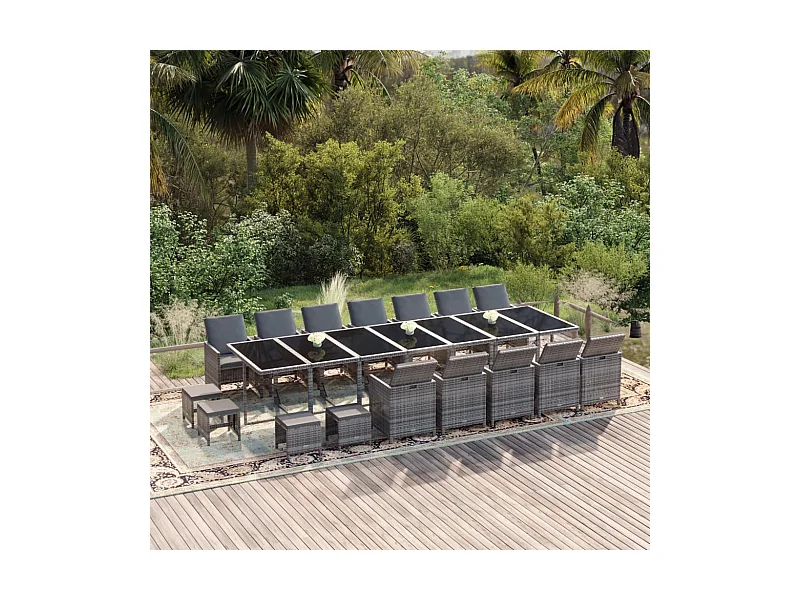 Ensemble à dîner de jardin coussins 21 pièces Gris Résine tressée