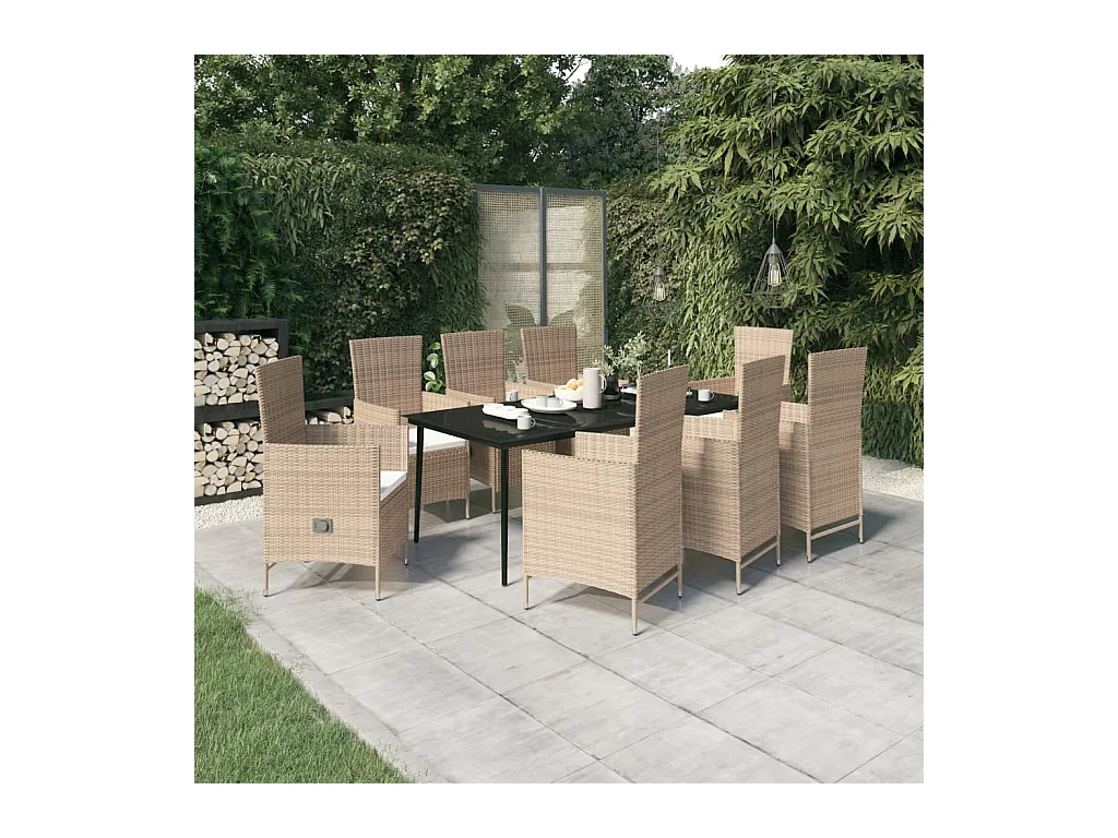Ensemble de salle à manger de jardin avec coussins 9 pièces Beige
