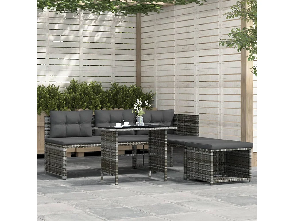 Mobilier à dîner de jardin 4pièces et coussins Gris Résine tressée