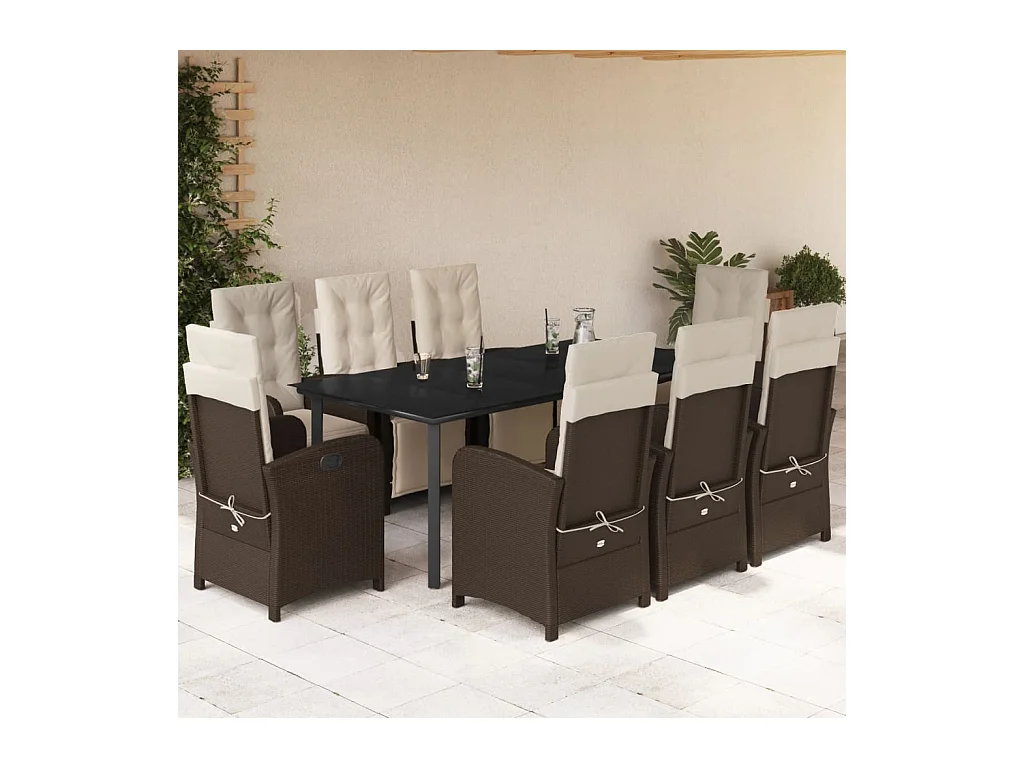 Ensemble à manger de jardin et coussins 9 pièces marron poly rotin