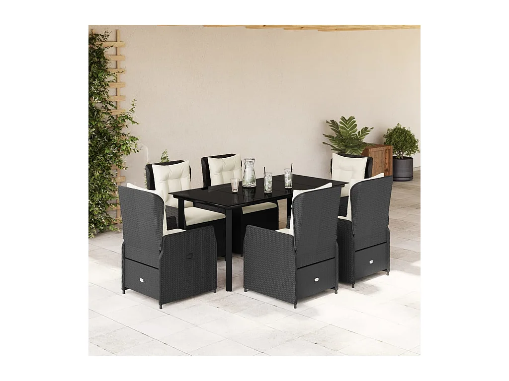 Ensemble à manger de jardin coussins 7 pièces Noir Résine tressée