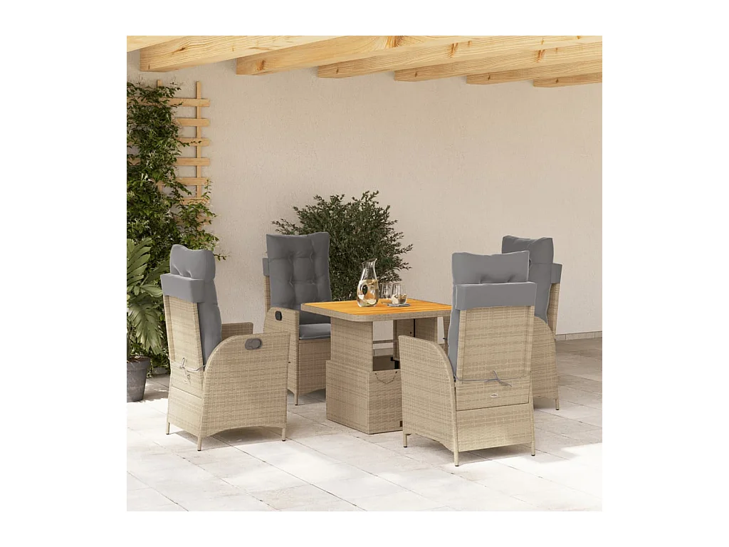 Ensemble à manger de jardin avec coussins 5 pièces Beige poly rotin