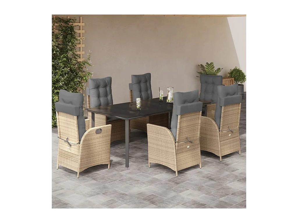 Set comedor de jardín 7 piezas con cojines ratán sintético beige