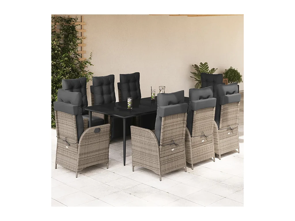 9 peças conjunto de jantar p/ jardim c/ almofadões vime PE cinza
