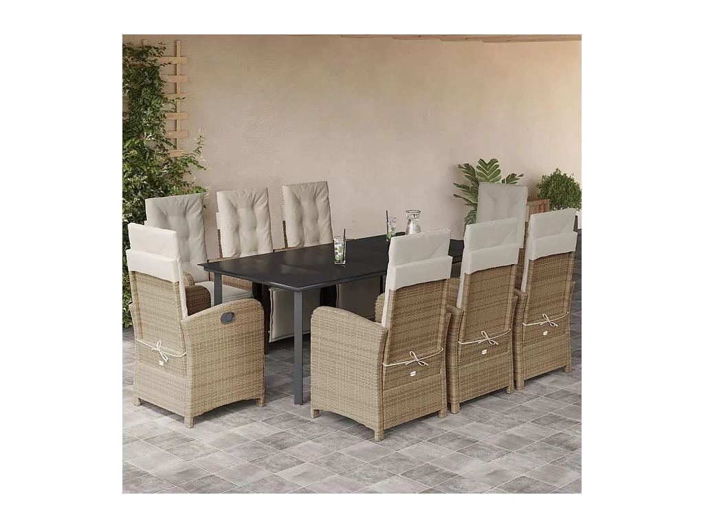Ensemble à manger de jardin et coussins 9 pièces beige Poly rotin