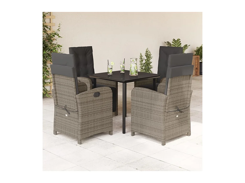 Set comedor de jardín 5 piezas con cojines ratán sintético gris