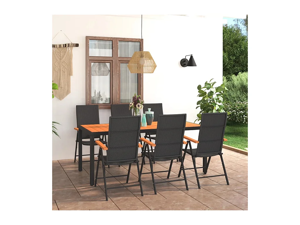 Ensemble de salle à manger de jardin 7 pièces Noir et marron