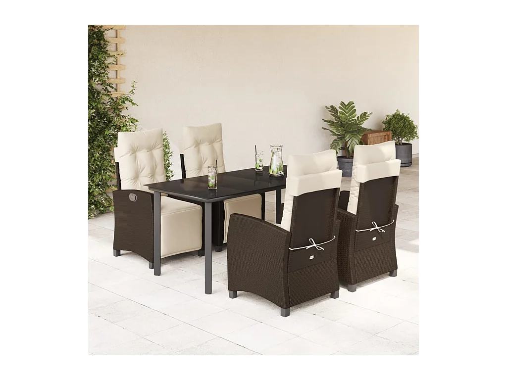 Set comedor de jardín 5 piezas y cojines ratán sintético marrón