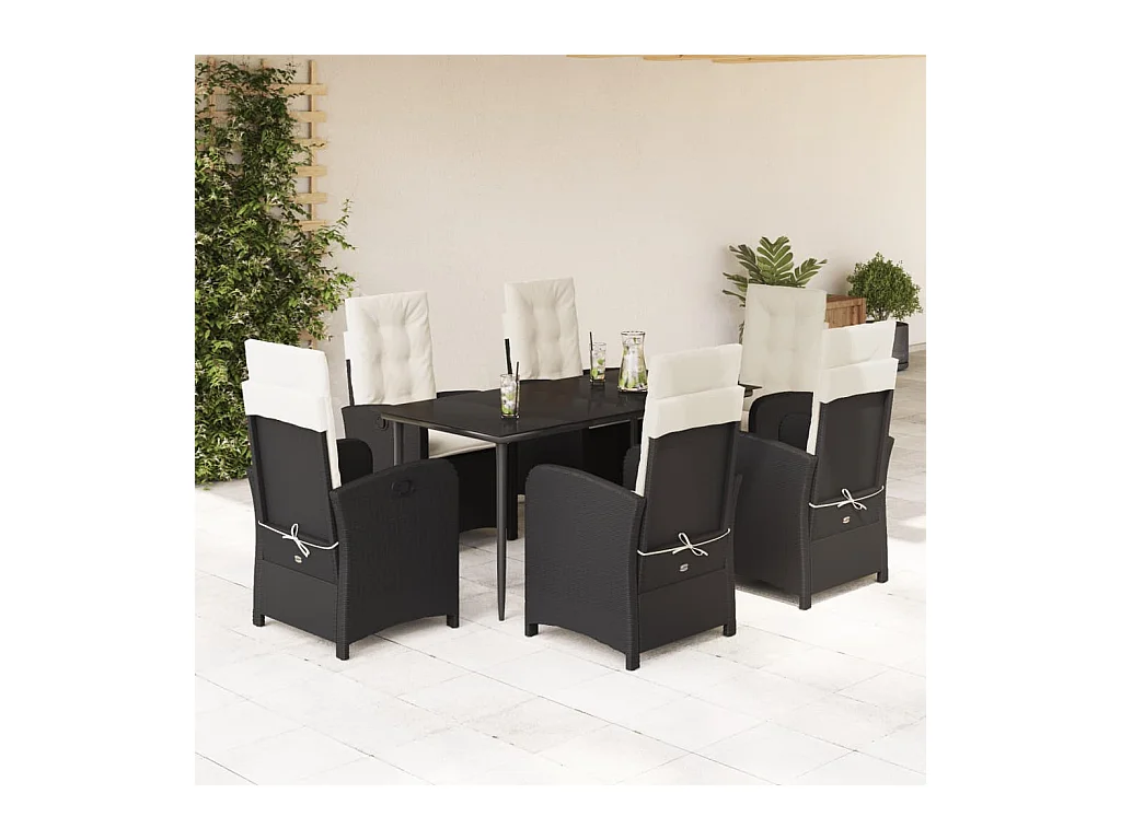 Ensemble à manger de jardin coussins 7 pièces Noir Résine tressée
