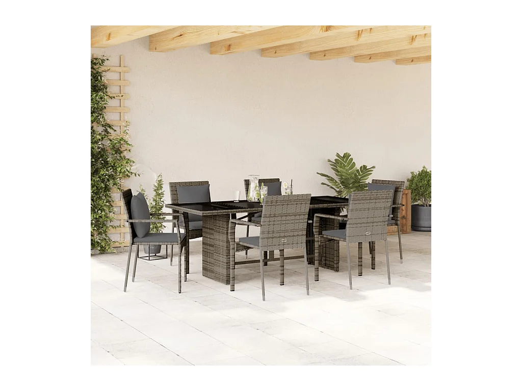 Ensemble à manger de jardin et coussins 7 pièces gris rotin