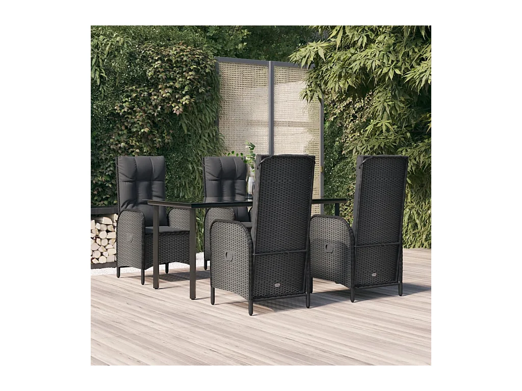 Mobilier à dîner de jardin et coussins 5 pièces Noir Résine tressée