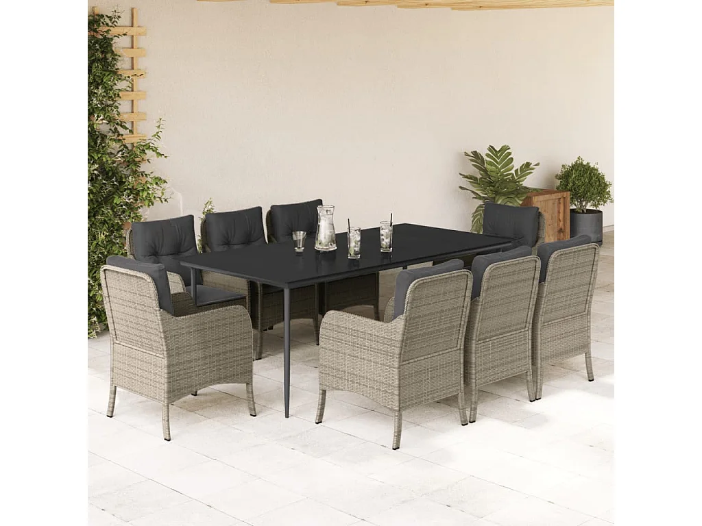 Set comedor de jardín 9 piezas cojines ratán sintético gris claro