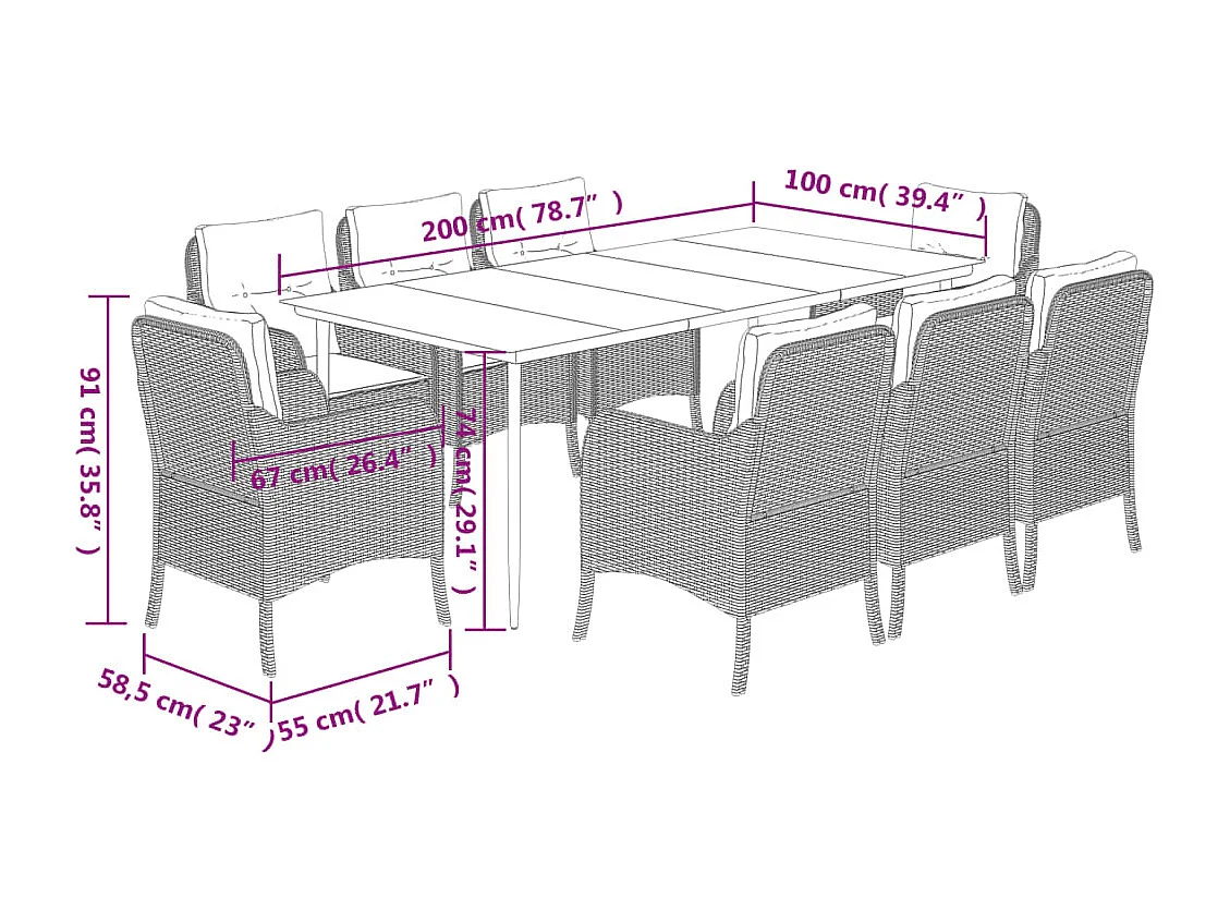 Set comedor de jardín 9 piezas cojines ratán sintético gris claro