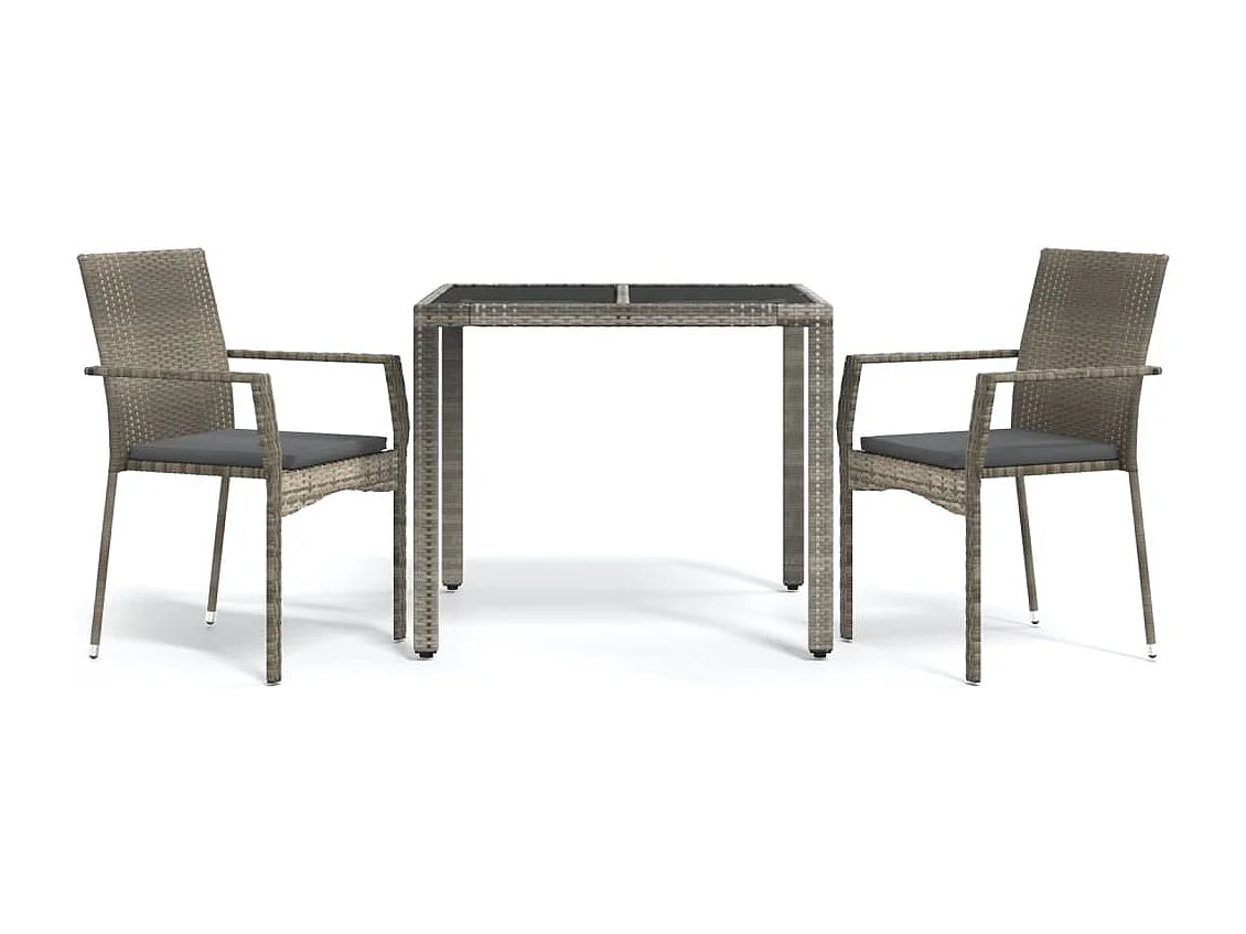 3 peças conjunto de jantar p/ jardim c/ almofadões vime PE cinza