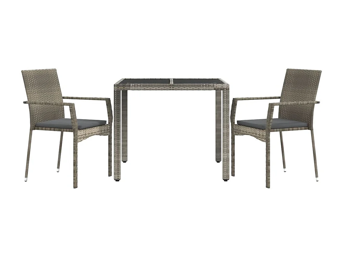 3 peças conjunto de jantar p/ jardim c/ almofadões vime PE cinza