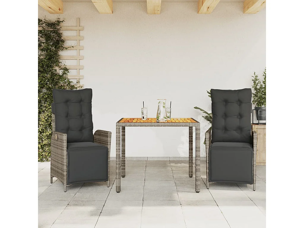 Set comedor de jardín 3 piezas con cojines ratán sintético gris