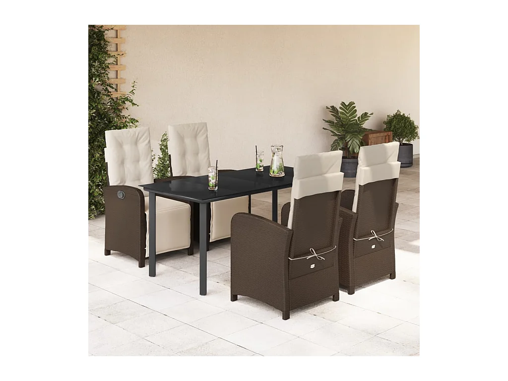 Ensemble à manger de jardin 5 pièces et coussins marron poly rotin
