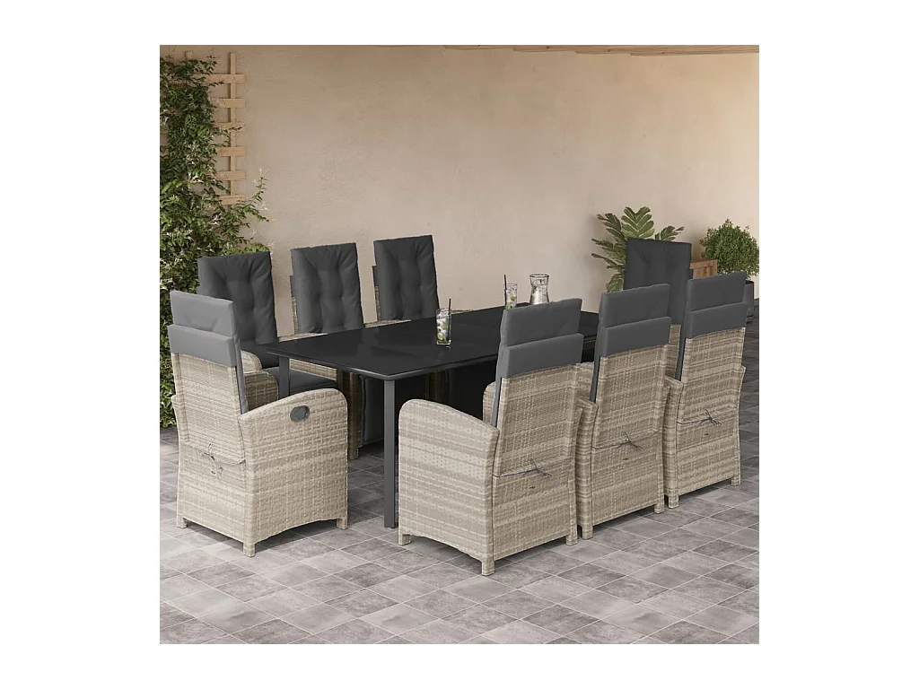 Ensemble à manger de jardin et coussins 9 pièces gris clair rotin