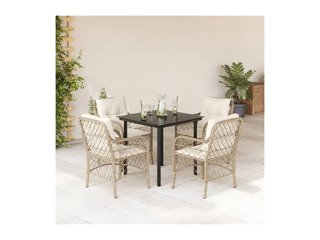 Ensemble à manger de jardin avec coussins 5 pièces Beige poly rotin