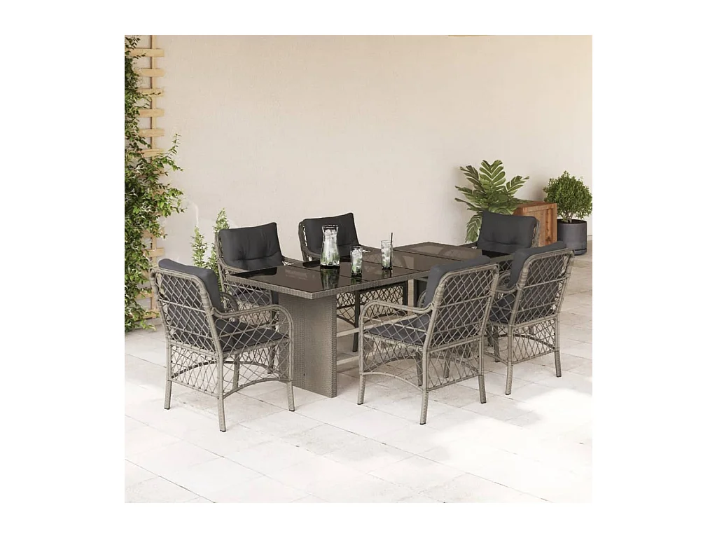 Ensemble à manger de jardin et coussins 7 pièces gris clair rotin