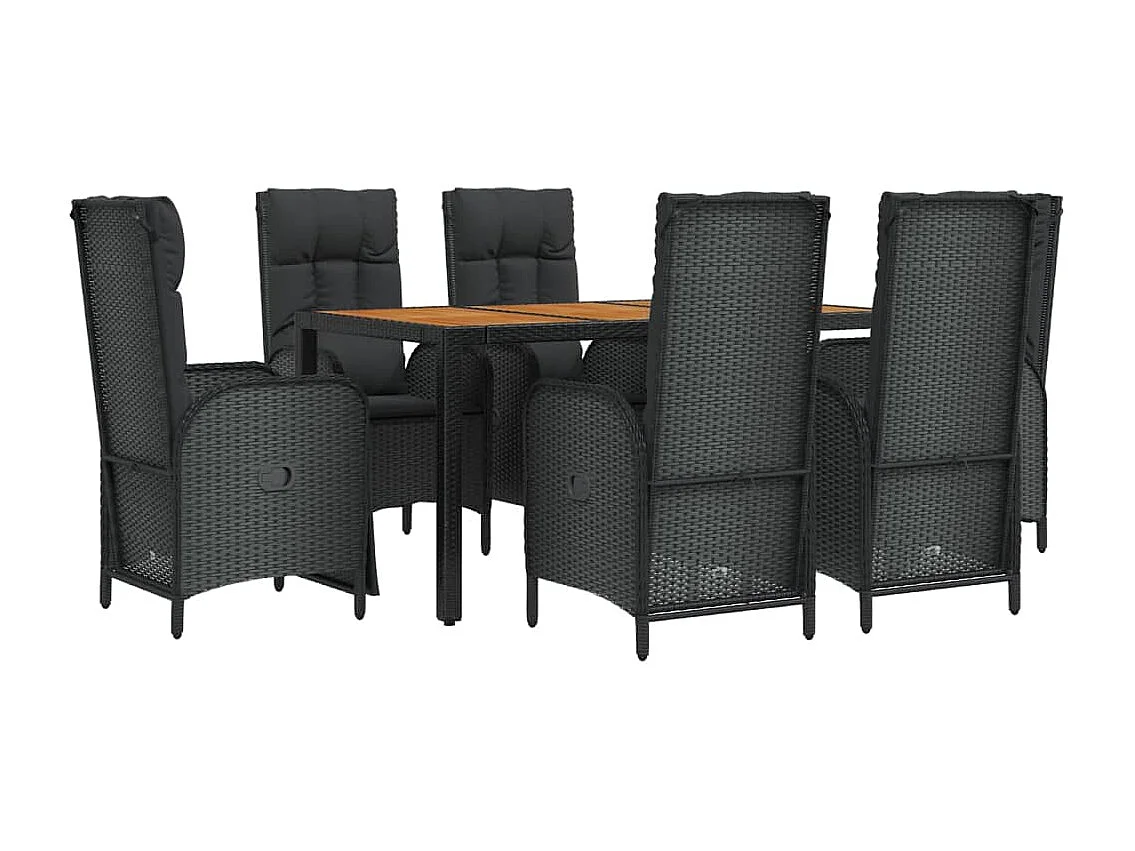 Set de comedor de jardín 7 piezas y cojines ratán sintético negro
