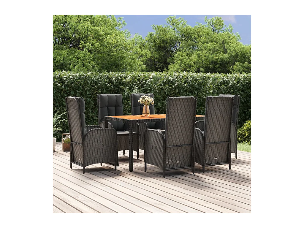 Ensemble à dîner de jardin et coussins 7 pièces Noir Résine tressée