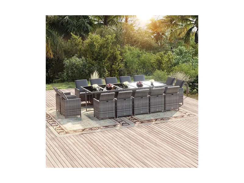 Ensemble à dîner de jardin coussins 15 pièces Résine tressée Gris