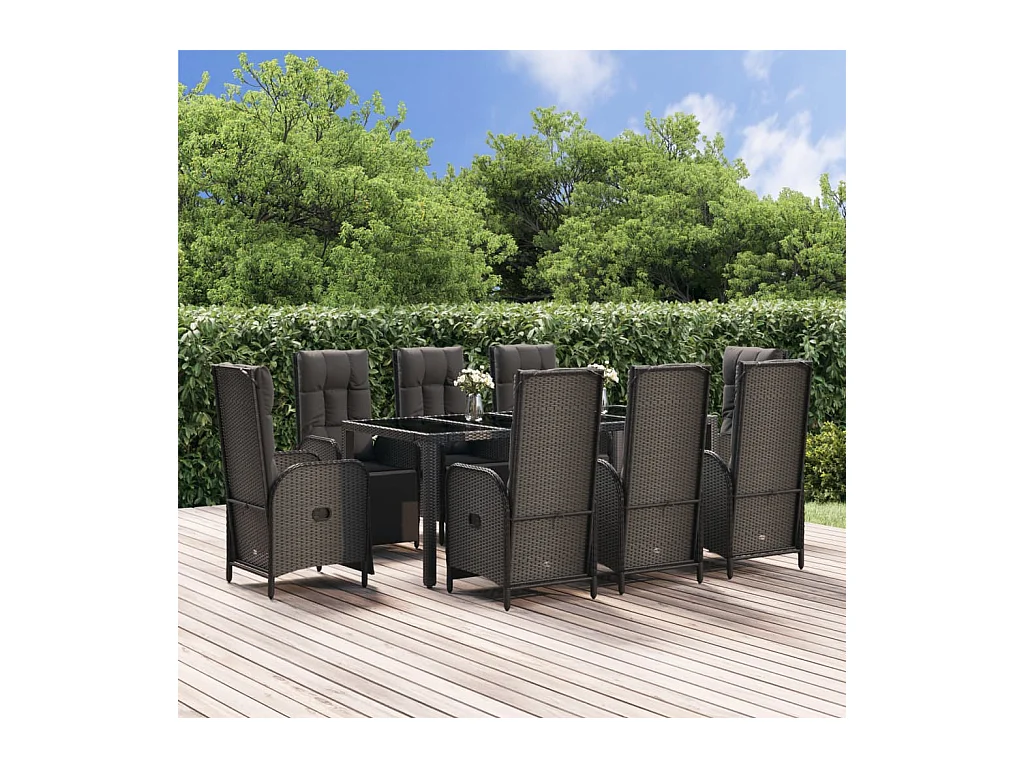 Mobilier à dîner de jardin 9 pièces et coussins noir résine tressée