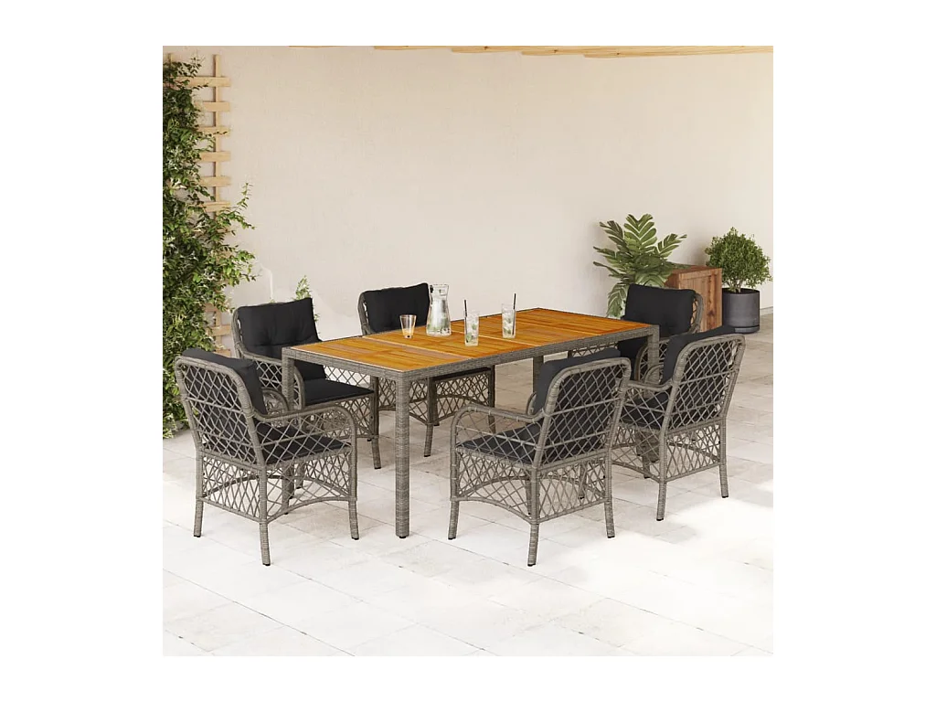Set comedor jardín 7 piezas y cojines ratán sintético gris