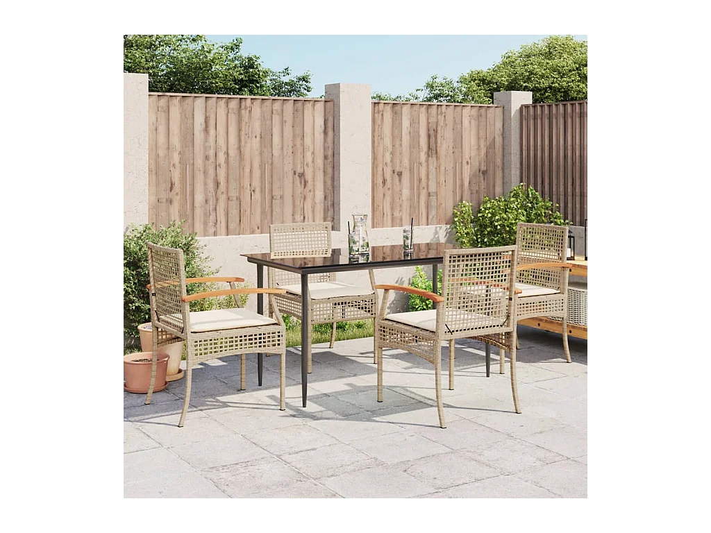 Ensemble à manger de jardin avec coussins 5 pièces Beige poly rotin