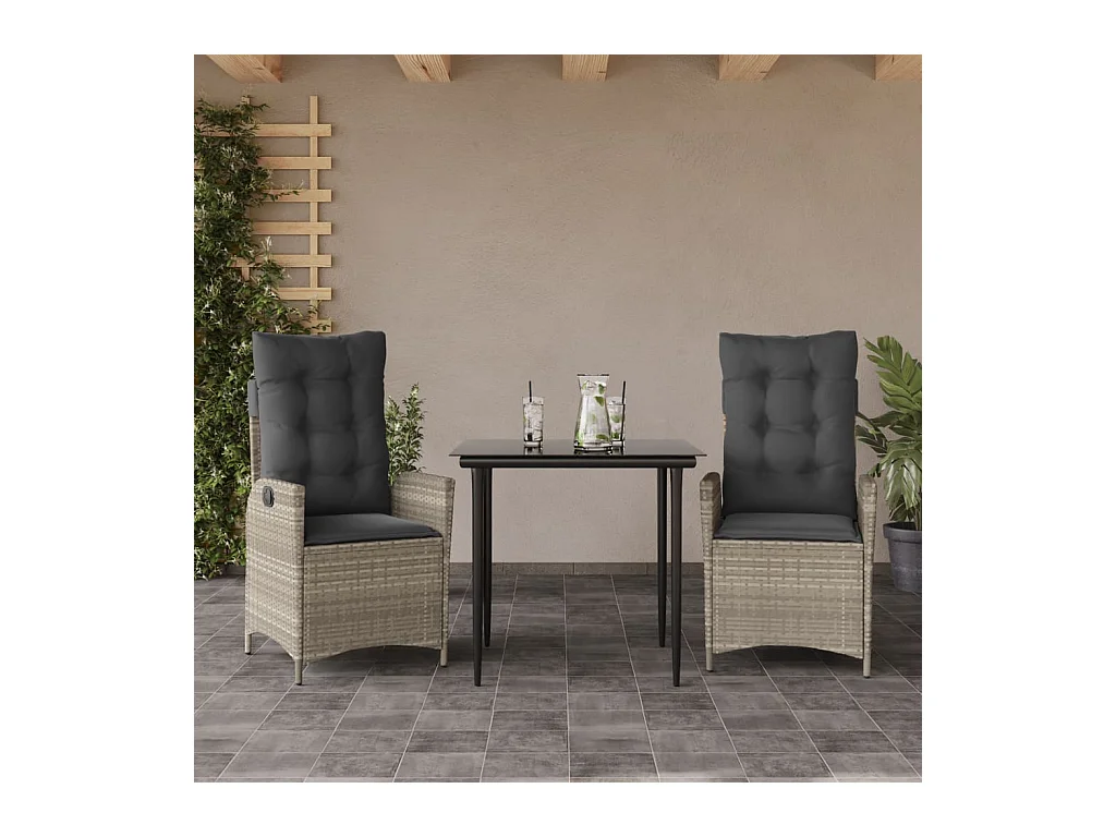 Ensemble à manger de jardin 3 pièces coussins gris clair poly rotin